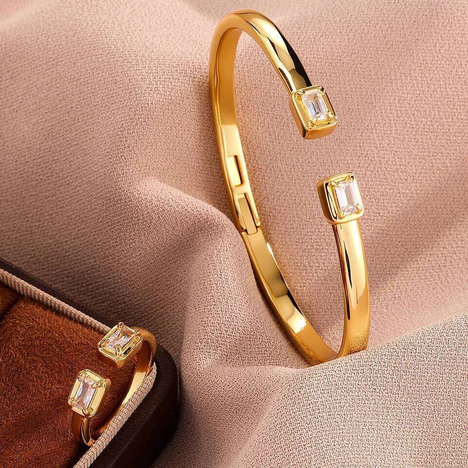 ZAKOL Classic 2pcs Set Two Square-shaped Open Ring Bracelets Fashion Wedding Party Daily Jewelry for Women