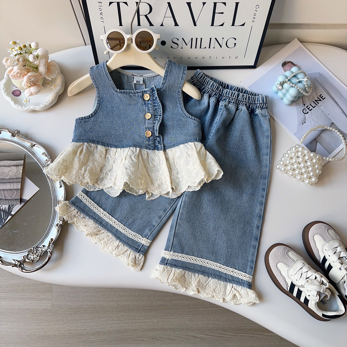 2026 Spring Autumn Girls 3-Piece Set, Trendy Sleeveless Denim Vest & Shirt with Pants, Chic Toddler Outfit