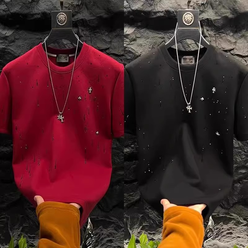 Free Shipping 2026 Summer Meteorite Full Rhinestone Men Round Neck Short Sleeve Trendy Light Luxury Fashion T Shirt Black White Red