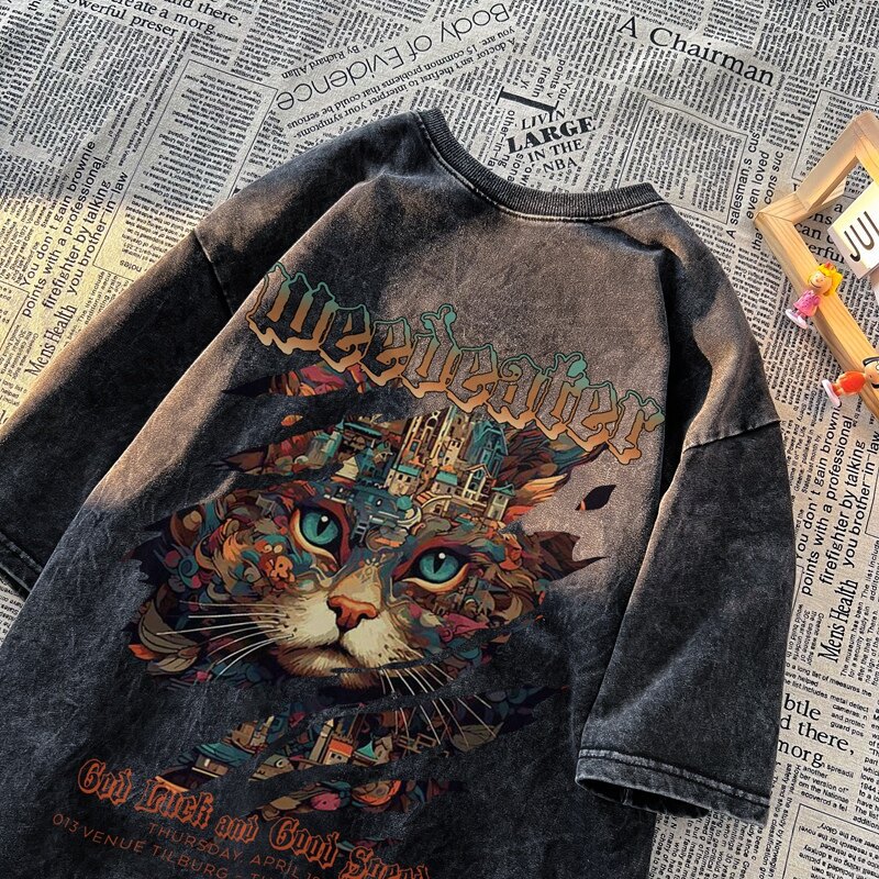 2026 Summer New American Style Washed Short Sleeve T-shirt for Men. Trendy Brand, Cat Print, Loose Fit, Couples' Style.