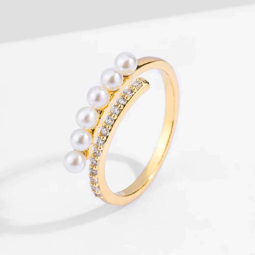 ZAKOL Korean Fashion Gold Color Round Small Pearl Open Ring Shiny Zircon Minimalist Women Daily Accessories