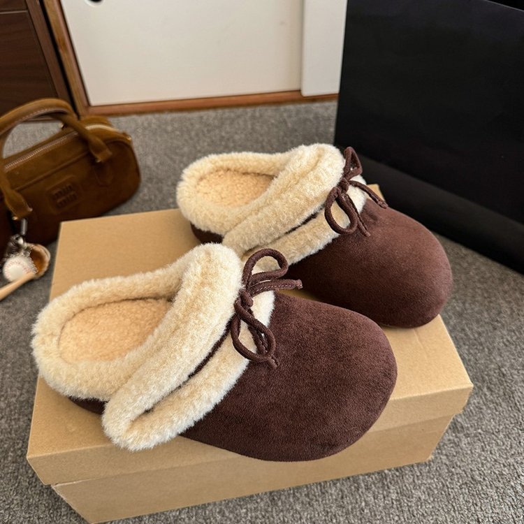 Hot new free shipping snow boots for womens flat slippers khaki brown Fashionable and versatile winter warm butterfly knot cotton shoes with added fle
