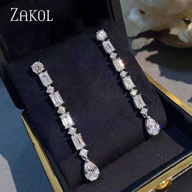 ZAKOL Luxury Geometric Water Drop Crystal Long Dangle Earrings for Women Delicate Shiny Zircon Bridal Wedding Jewelry
