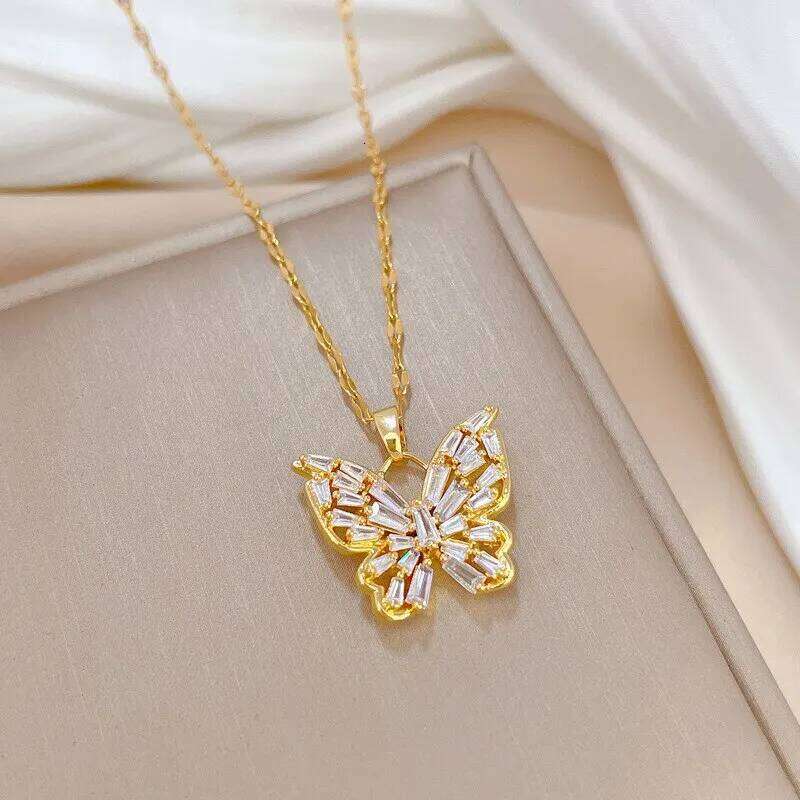 Fantastic Crystal Gold-Color Butterfly Necklace For Women Rhinestone Symmetrical Pendant Accessories Party Jewelry Gifts