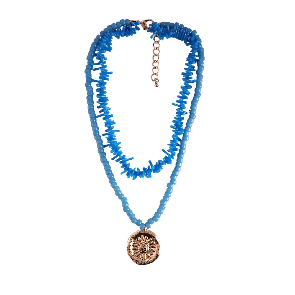 Summer Ethnic Blue Multilayer Coral Beads Necklace Cactus Pendant Retro Western Choker Beach Fashion Accessory Gift 251223