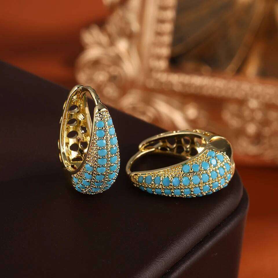 ZAKOL Gold Color Blue Turquoise CZ Chunky Water Drop Shape Hoop Earrings Shiny Clear Zircon Versatile Jewelry Gift