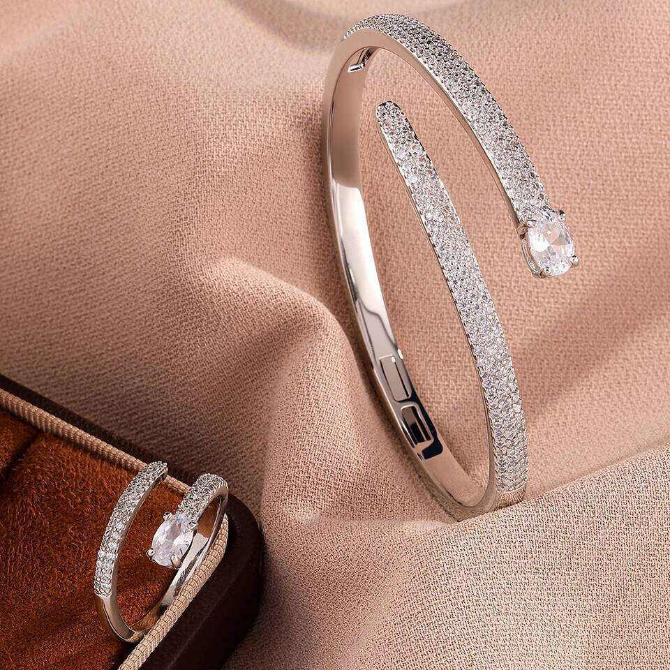 ZAKOL Trendy Elliptical Zircon Head Nail Shaped Open Bracelet Ring Set Saudi Arabia's Fashion Wedding Party Jewelry Accessory