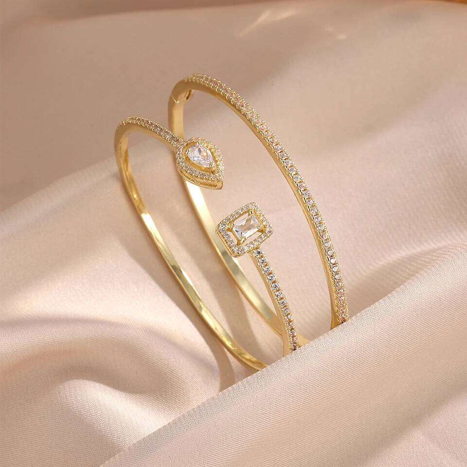 ZAKOL Classic Geometric AAA Cubic Zirconia Open Bracelet for Women Shiny Crystal Engagement Wedding Party 2 Pcs Bangle Set