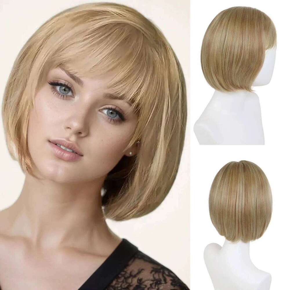 Short Bob Wig with Bangs for Women Synthetic Hair Mixed Blond Natural Hairstyles Heat Resistant Straight Replacement Wigs