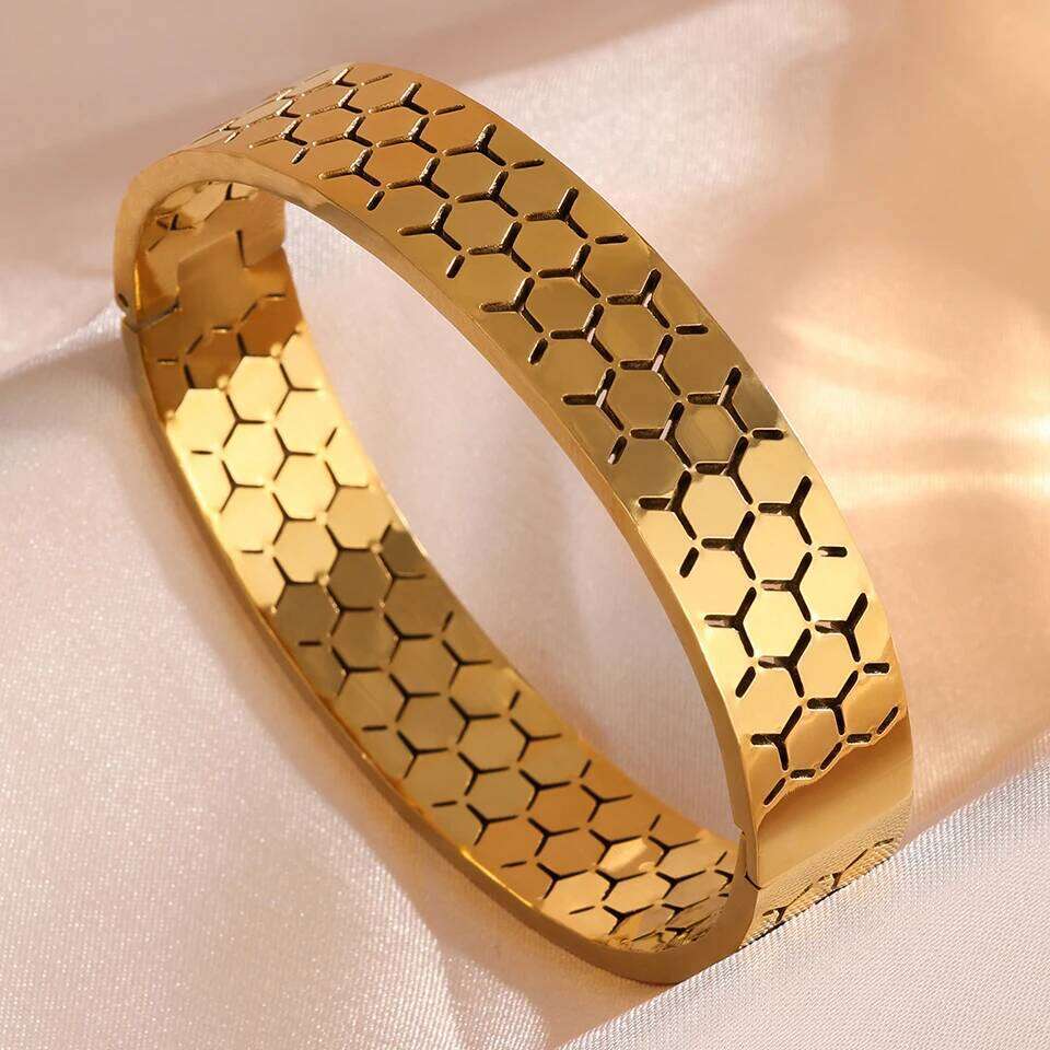 ZAKOL Geometric Hexagon Honeycomb Stainless Steel Bracelet for Women Fashion Waterproof Wide Bangle Party Jewelry