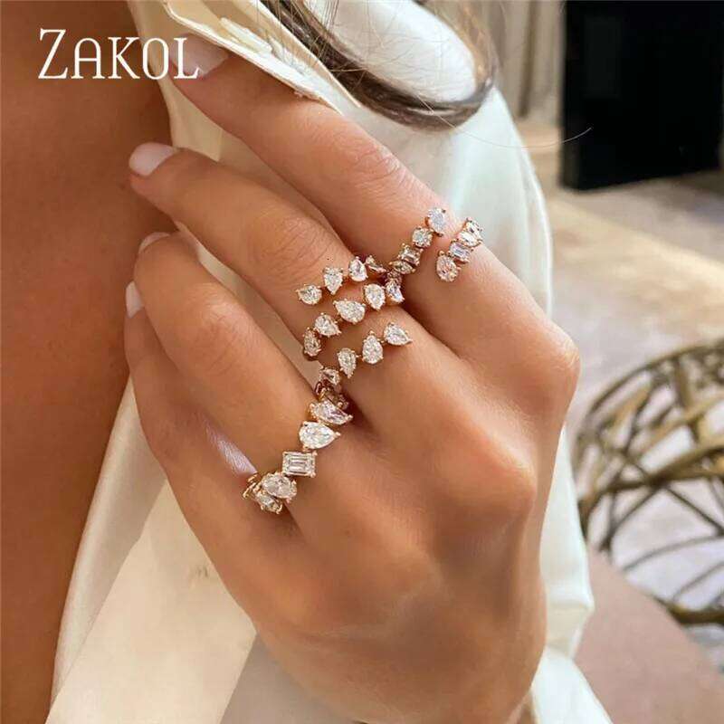 ZAKOL Fashion 3 Layers Irregular Zirconia Open Rings for Women Silver Color Ring Rectangle Shinny Jewelry