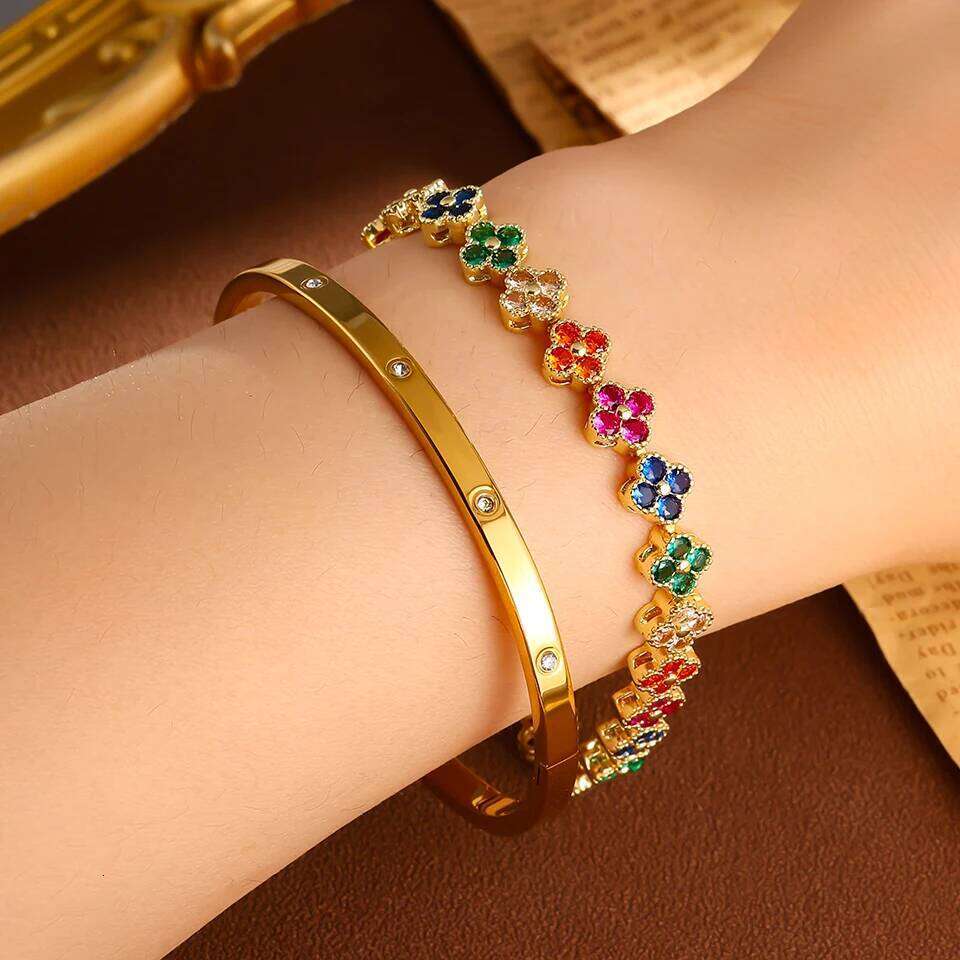 ZAKOL Colorful Zircon Inlaid Four Leaf Flower Bracelet Bangle For Women Exquisite Stainless Steel Plum Blossom Jewelry Gift