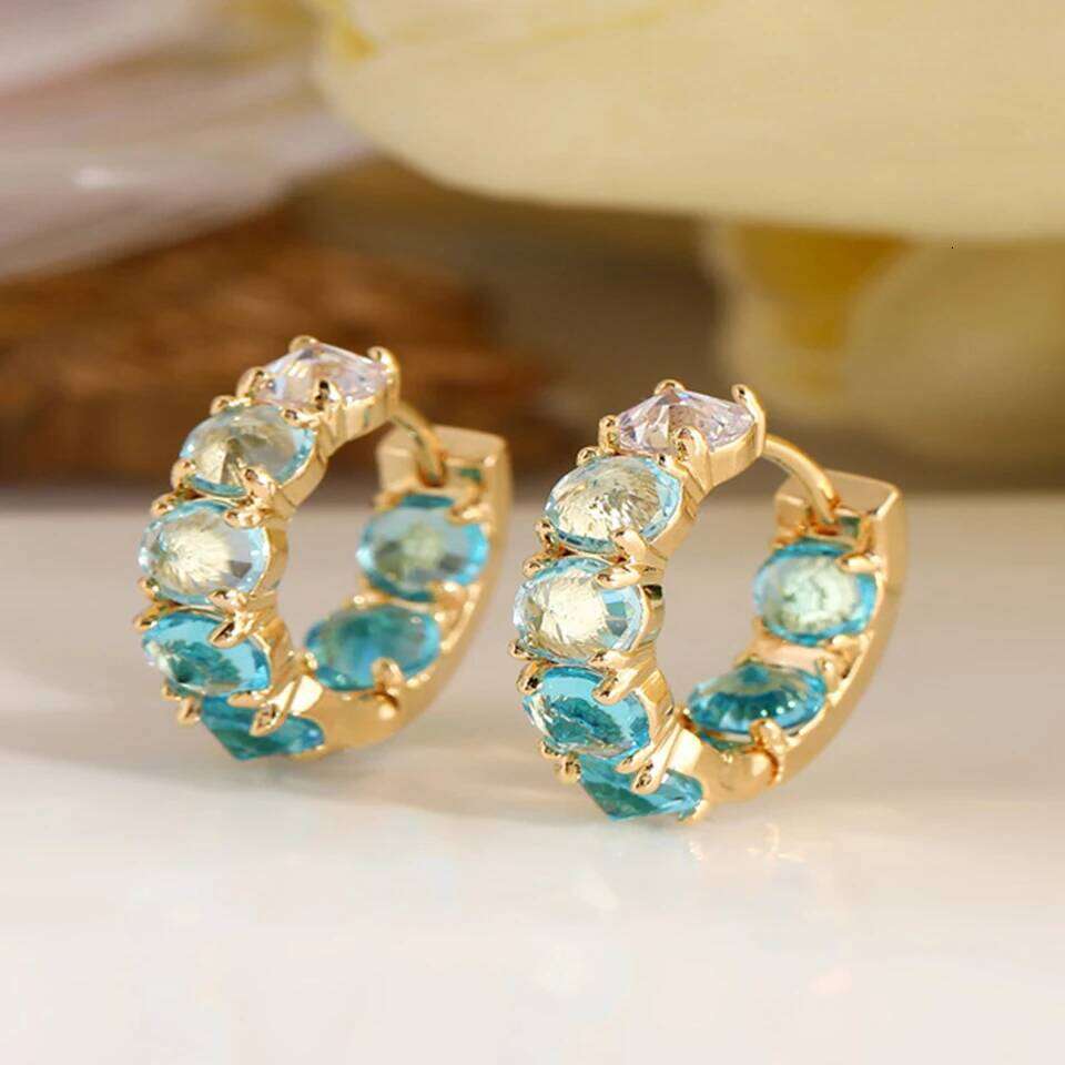 ZAKOL Fashion Shiny Lake Zircon CC Hoop Earrings for Women Elegant Gradient Blue Oval Crystal Earring Jewelry Gift