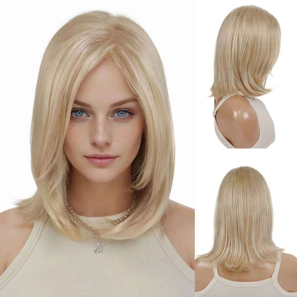 Short Blonde Wigs Synthetic Hair with Bangs Natural Bob for Women Straight Hairstyle Heat Resistant Daily Casual Mom Wig