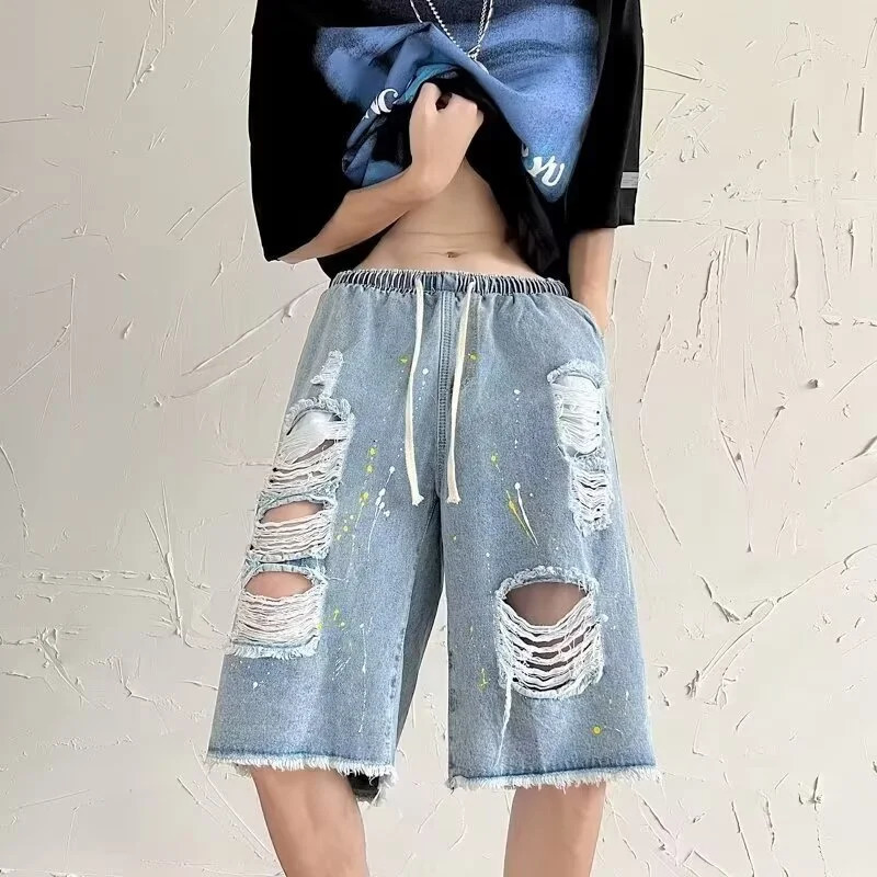 Summer Mens Hip Hop Fashion Ripped Jorts 2025 Y2K Vintage Streetwear Denim Shorts Casual Drawstring Baggy Short Jeans 251223
