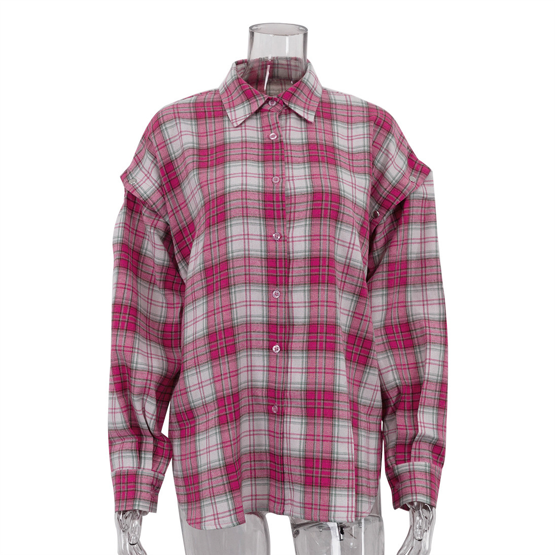 Pink Plaid Shirt for Women, New European and free shipping American Style, Versatile Loose Shirt, Detachable Long Sleeve, Turn-down Collar, Outerwear 