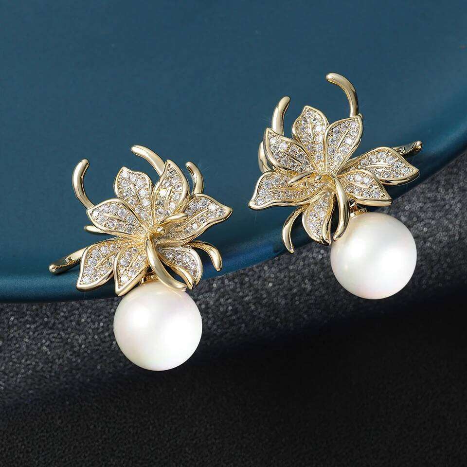 ZAKOL Gorgeous Flower Imitation Pearl Earrings for Women Luxury Inlaid Sparkling Zircon CZ Wedding Jewelry Wholesale