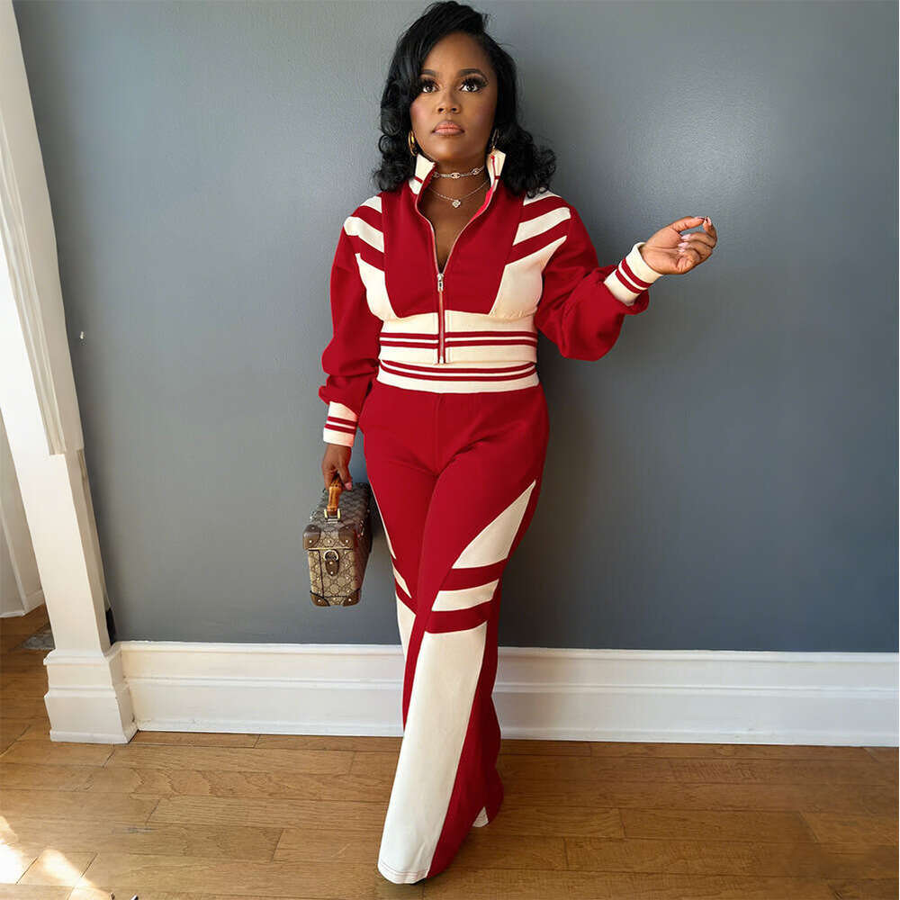 European and American Cross-Border Women's Fashion Autumn Winter New High Collar Zipper Top Two-Piece Set Color Block Long Pants Suit for Women