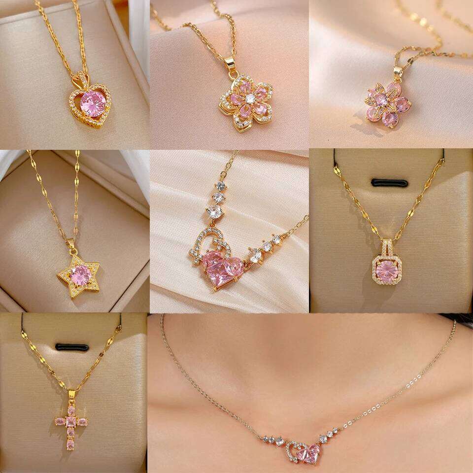 ZAKOL 2024 New Romantic Pink Zircon Pendant Geometric Heart Shaped Flowers Titanium Steel Chain Choker Necklace Gift