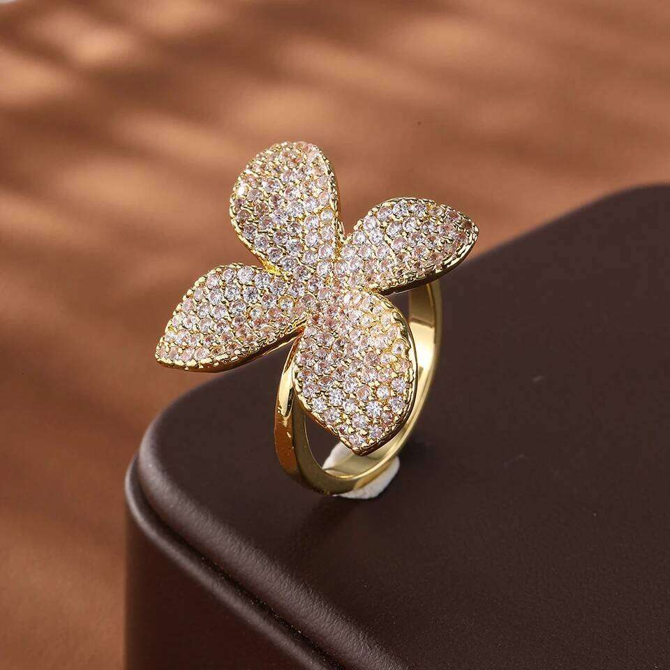 ZAKOL Luxury AAA Cubic Zirconia Leaf Flower Adjustable Open Rings Shiny Crystal CZ Engagement Wedding Jewelry for Women