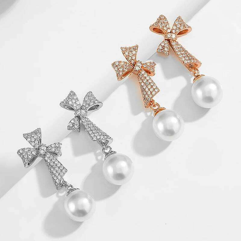 ZAKOL Simple New Trendy Korean Bow Zircon Pearl Drop Earrings for Women Luxury Engagement Wedding Jewelry Wholesale