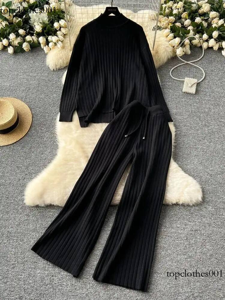 Autumn Winter Sweater Two Piece Set Women High Neck Pullover Loose Long Sleeved Knit Top+high Waist Wide Leg Casual Pants Outfit