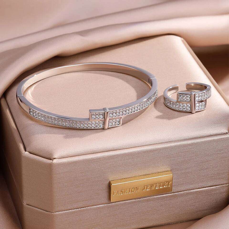 ZAKOL Slivery/Golden 18K Gold Plated AAA Zircon Bracelet Rings for Women H Head Niche Design Luxury Party Jewelry