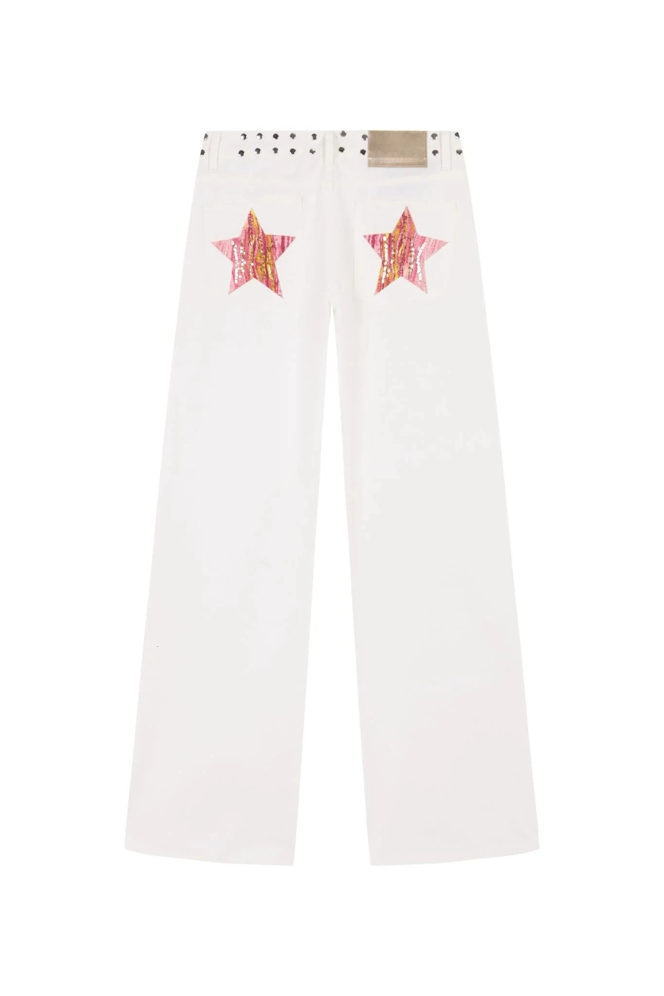 Spanish Street Fashion ONE DILEMMA Style Rivet Five-pointed Star Pattern White Jeans Womens Autumn Slim Straight Pants 251217