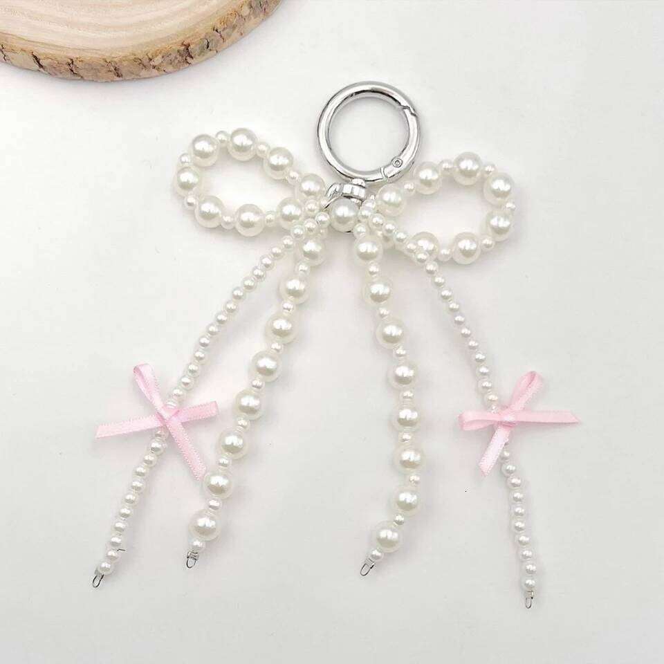ZAKOL 3Pcs Cute Bow Imitation Pearl Bead Keychain Sweet Beaded Pendant Keyring Handbag Backpack Ornament Girls Gift