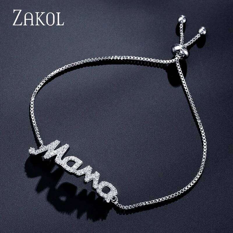 ZAKOL Exquisite Mom Letter CZ for Women Sparkling Micropaved Zirconia Gold Color Adjustable Chain Bracelet Gift