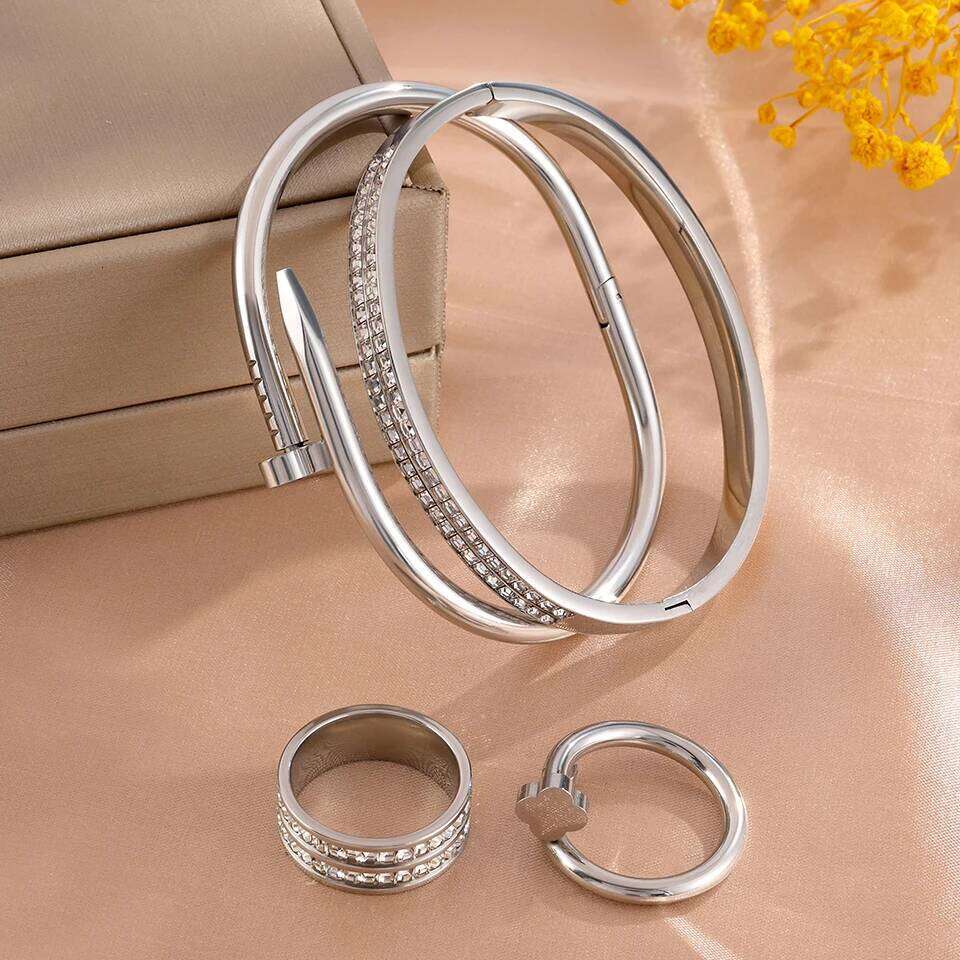 ZAKOL 4 Piece Stainless Steel Bracelet Set Sparkling Rhinestone Studded Heart Waterproof Stackable Jewelry Christmas Gift