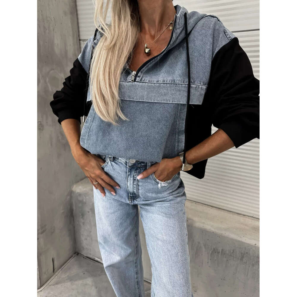European and American Cross-Border Autumn New Fashion Loose Casual Washed Denim Patchwork Hooded Women's Sweatshirt