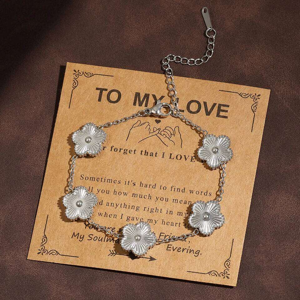 ZAKOL Stainless Steel Five Leaf Flower Bracelet with Blessing Card Plum Plant Adjustable Bracelets Jewelry Gifts for Women