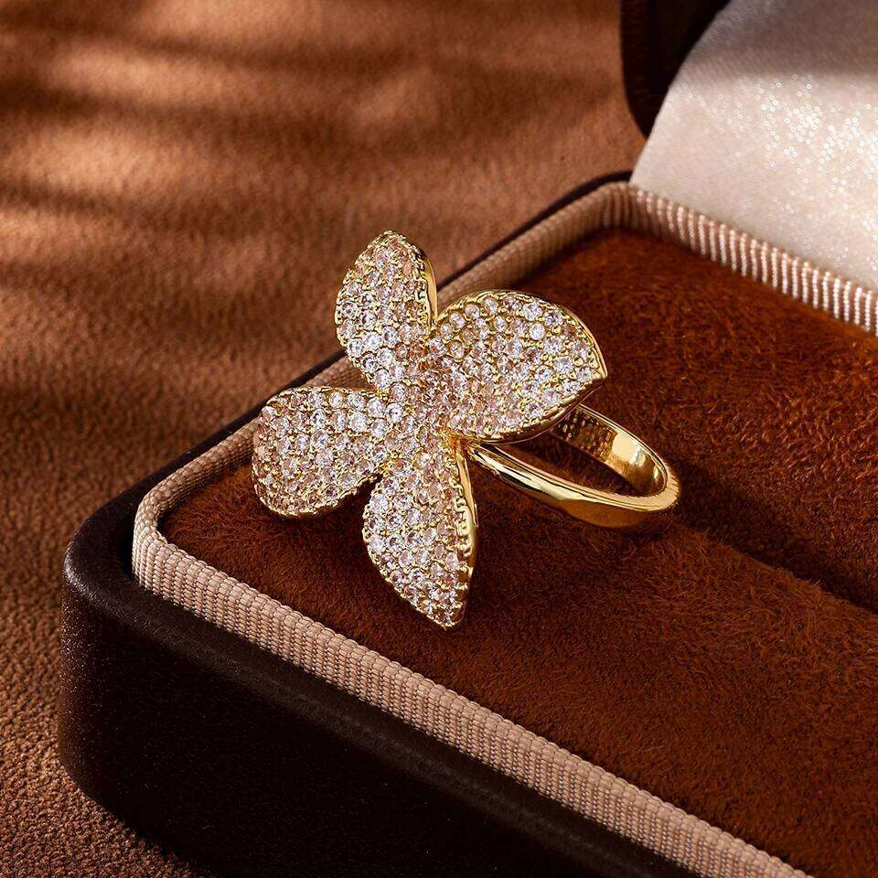 ZAKOL Classic Micro-inlaid Zirconia Leaf Flower Open Rings for Women Sliver/Gold Color Engagement Wedding Party Jewelry