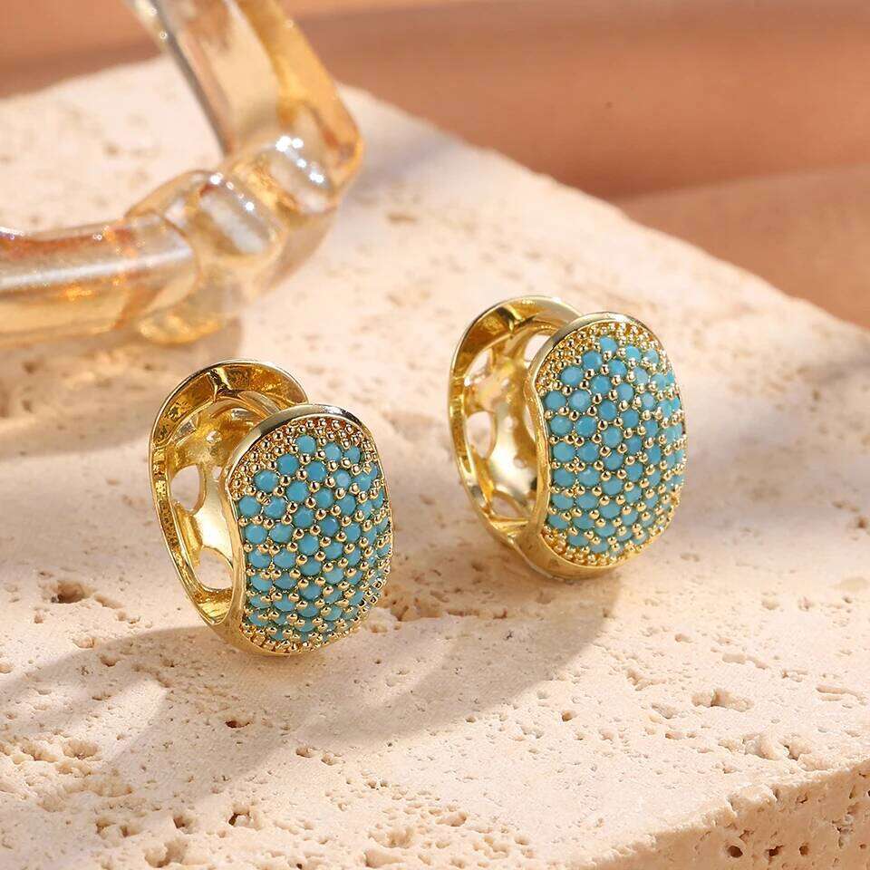 ZAKOL New Niche Chunky Turquoise Square Hoop Earrings for Women Shiny Zirconia Ear Buckle Luxury Party Wedding Jewelry