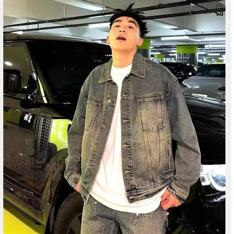 Roland Tiger Street Hip-Hop Embroidered Turn-Down Collar Denim Jacket Unisex Loose Vintage Design Tie-Dye Washed Coat