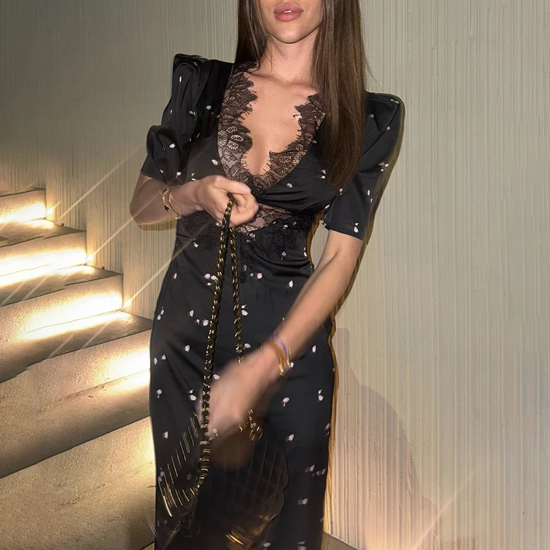 TARUXY Sexy Hollow Lace Dress Womens Fashion Short Sleeve Elegant High Waist Slim Print Dress Summer Party Club Clothes Female 251217