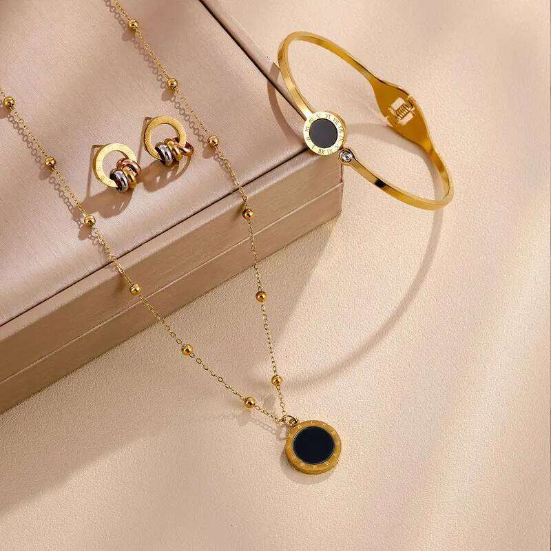 ZAKOL 3-piece Stainless Steel Roman Numeral Pendant Necklace Bracelet Earrings Exquisite Versatile Jewelry Set for Many Occasion