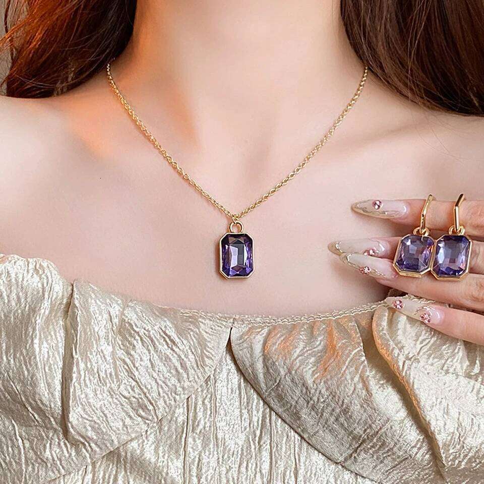 ZAKOL Colorful Big Square Crystal Zircon Pendant Earring Necklaces Elegant Retro Gold Color Chain Women's Party Jewelry Set Gift