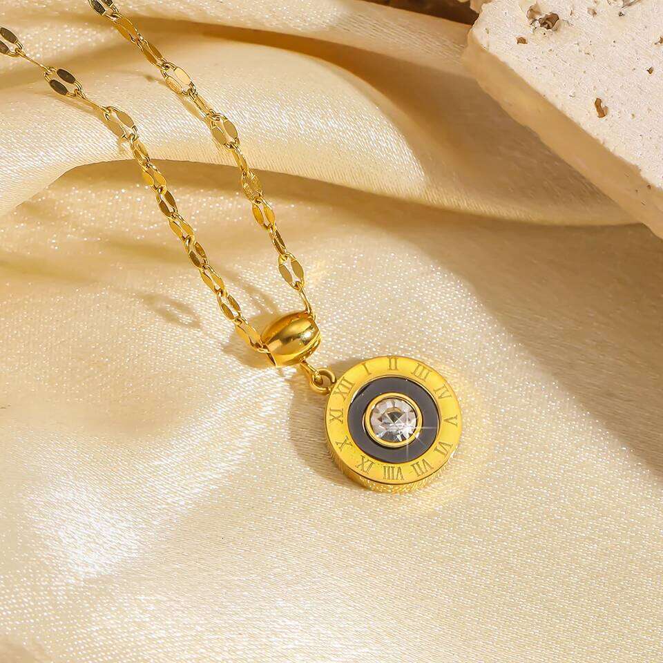 ZAKOL Roman Numerals Disc Dial Plate Pendant Necklaces For Women Men Unisex Gold Color Metal Choker Clavicle Chain Jewelry Gifts