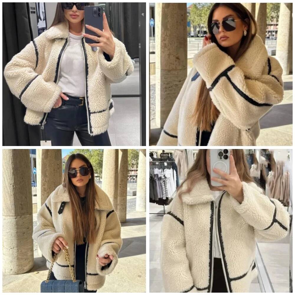 Autumn/Winter Patchwork Fluffy Jacket European/American Style Casual Lamb Wool Warm New Fashion Zipper Pocket Women's Coat