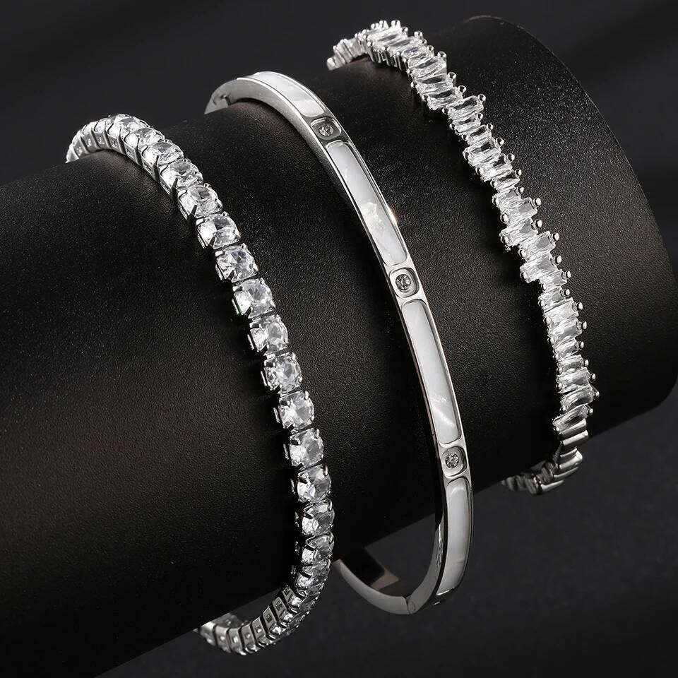 ZAKOL Three Pieces Copper Stainless Steel Stackable Bracelet Bangles for Women Shiny Geometric Zircon Wedding Party Jewelry