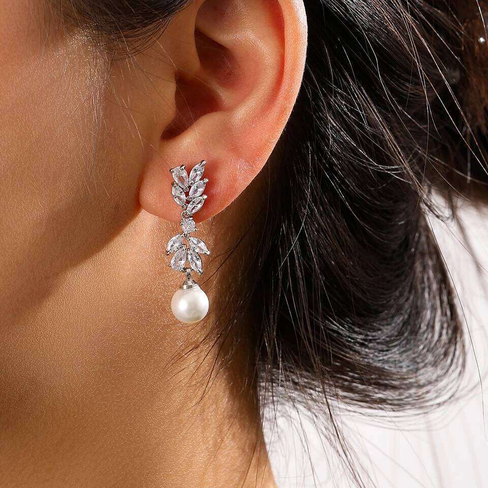 ZAKOL Luxury Leaf Cubic Zirconia Imitation Pearl Dangle Earring for Women Elegant Wedding Engagement Party Jewelry