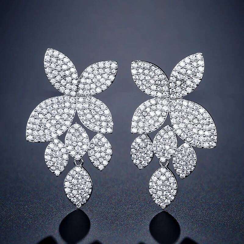 ZAKOL Luxury Micro Paved Zirconia Leaf Plant Long Dangle Earring for Women Full Dazzling Zircon Wedding Party Trendy Jewelry