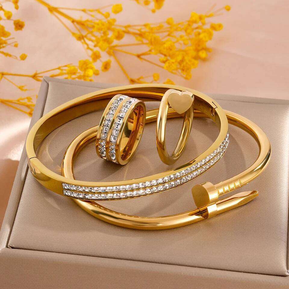 ZAKOL 4 Piece Stainless Steel Bracelet Set Sparkling Rhinestone Studded Heart Waterproof Stackable Jewelry Christmas Gift