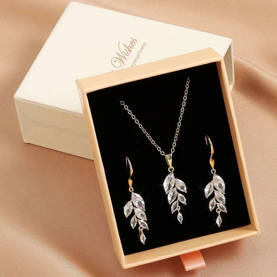 ZAKOL Classic AAA Zircon Leaf Earring Necklace Box 3 Pcs Sets for Women Luxury Birthday Jewelry Set Gift