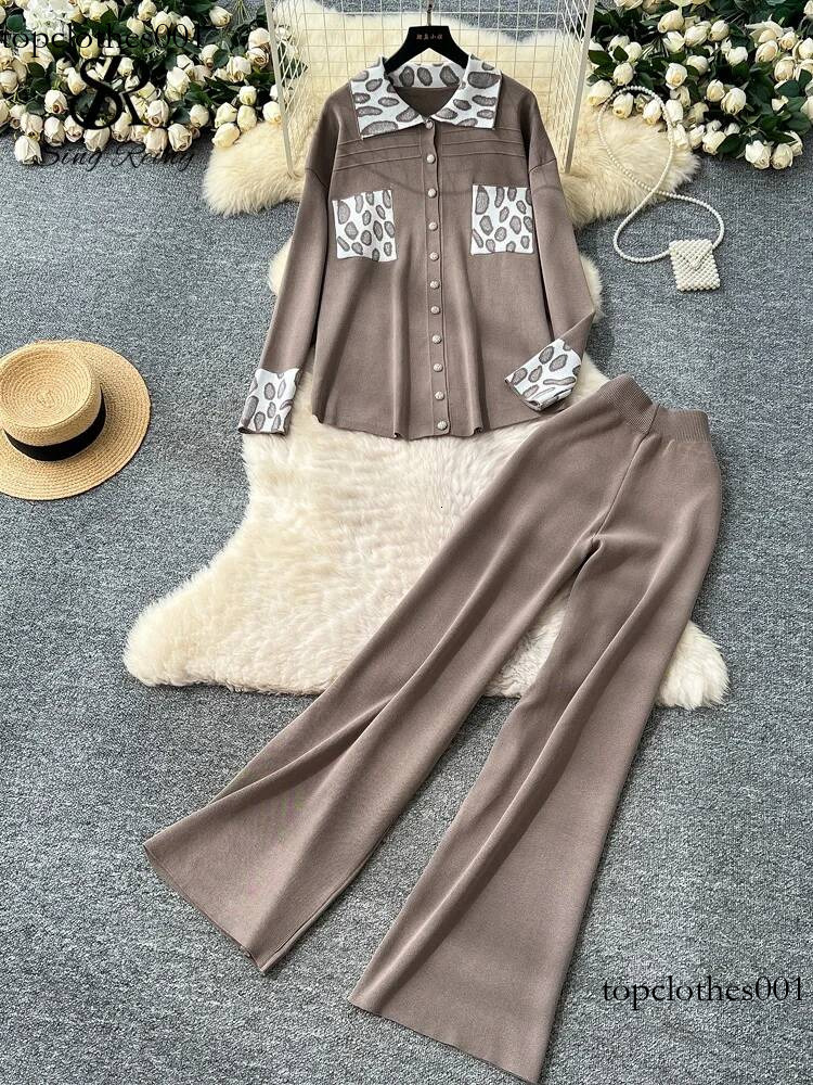 SINGREINY Winter Leopard Casual Suits Fashion Women Loose Knit Shirt+Elastic Wide Legs Long Pants Print Sweater Two Pieces Sets
