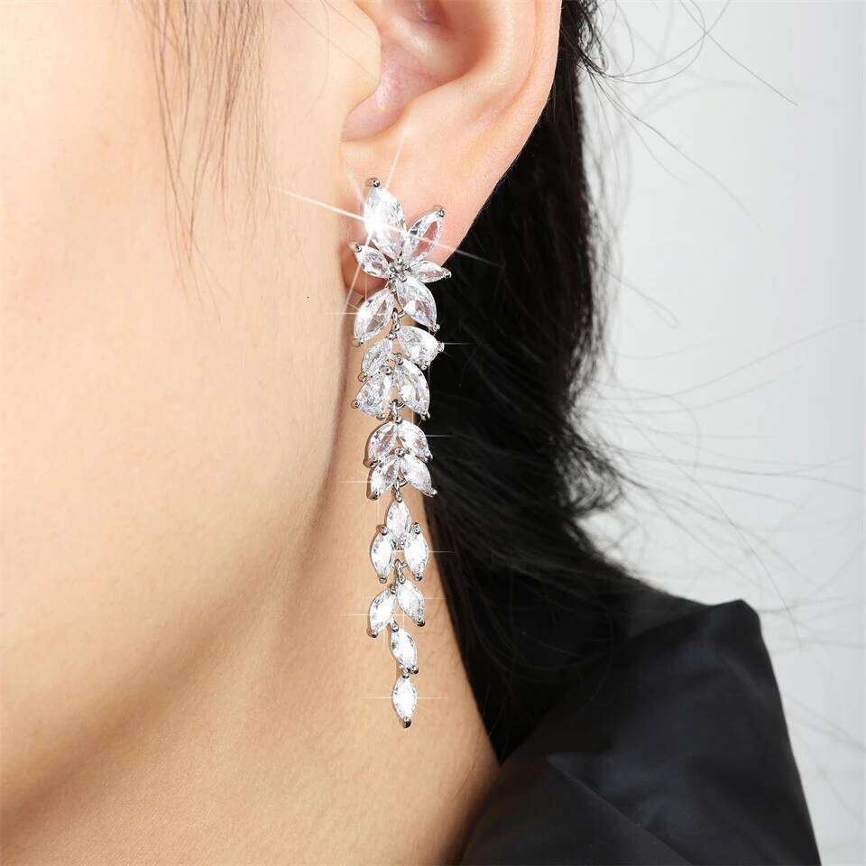 ZAKOL Elegant Shiny AAA Zircon Sliver Color Long Drop Earrings Gorgeous Bridal Wedding Party Jewelry
