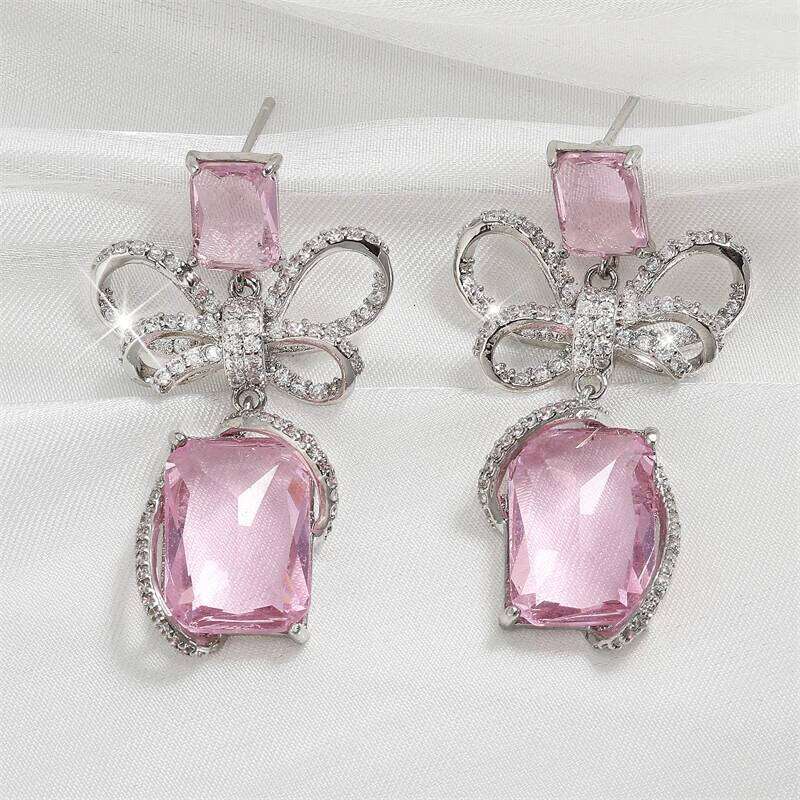 ZAKOL Exquisite Handmade Inlaid Zircon Bow Butterfly Dangle Earrings for Women Big Pink Blue Crystal CZ Wedding Party Jewelry