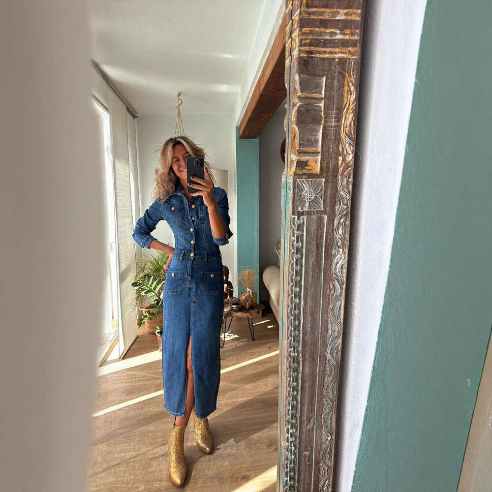 European and American Cross-Border Amazon Independent Station Fashion Casual Multi-Button Long Sleeve Denim Midi Dress